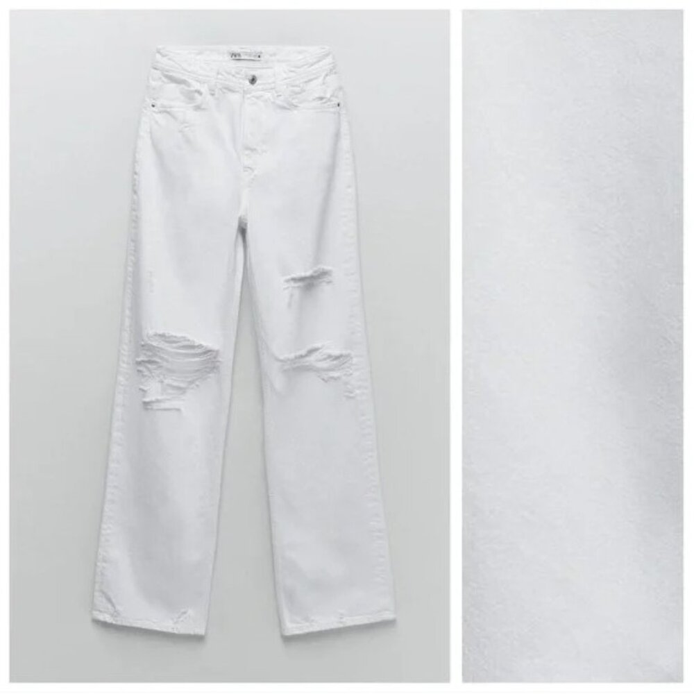 NWT Zara White Wide Leg Full Length Ripped Jeans SZ 8 Super High Rise Distressed - Picture 8 of 12
